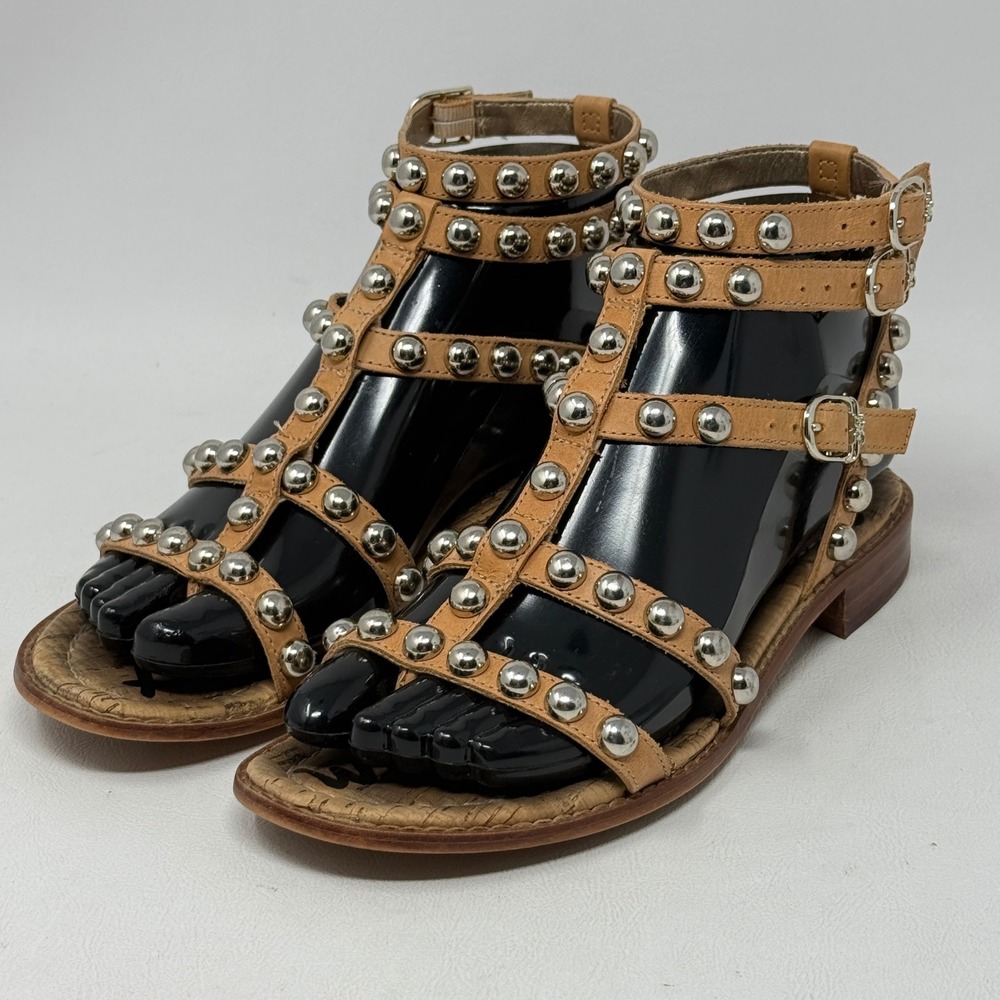 Sam Edelman Estella Studded Gladiator Sandals Tan Leather Silver 5.5 EAVAN Boho